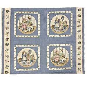 VTG Victorian Dolls Toys Pillow Fabric Panel Multi Blue Four -13.5" Quilt Blocks